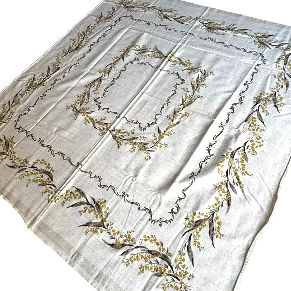 Vintage Tablecloth Cotton blend gray gold floral border print silver metallic
